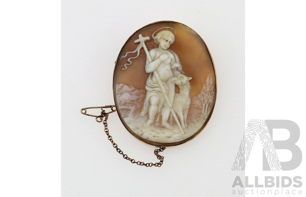 Antique Cameo with Shepherd and His Sheep, 50mm X 40mm, Gold Bezel