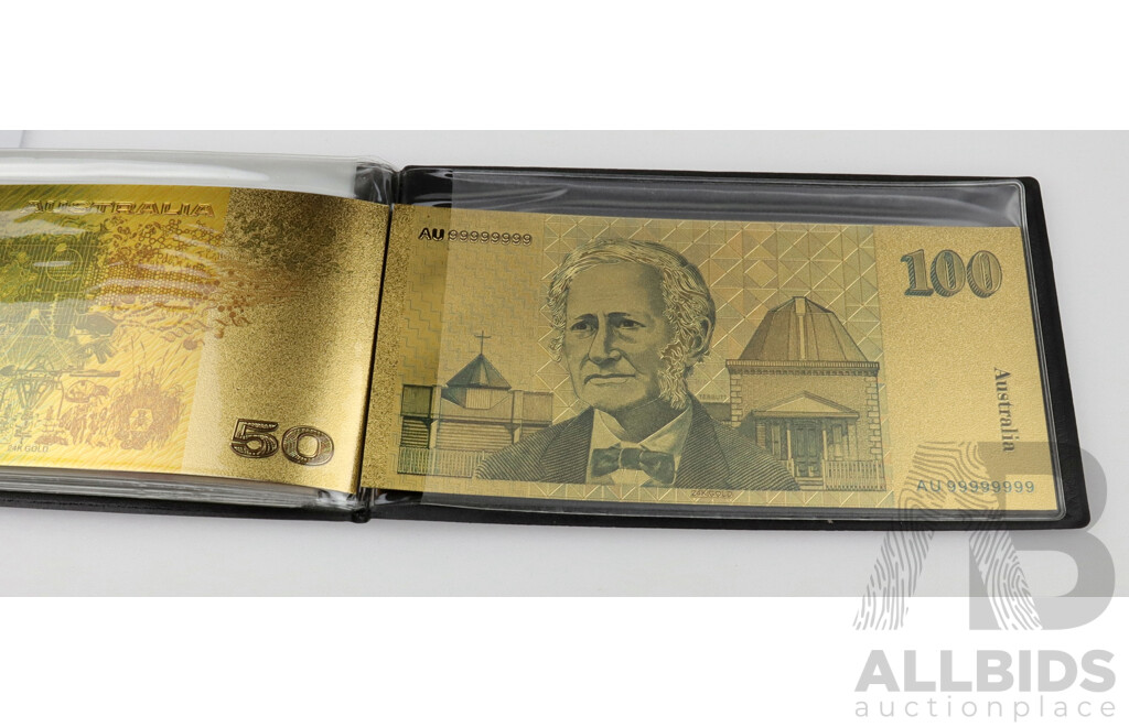 24ct Gold Foil Note Replicas of Original Australian Paper Bank Notes, Complete Set with Certificate of Authenticity