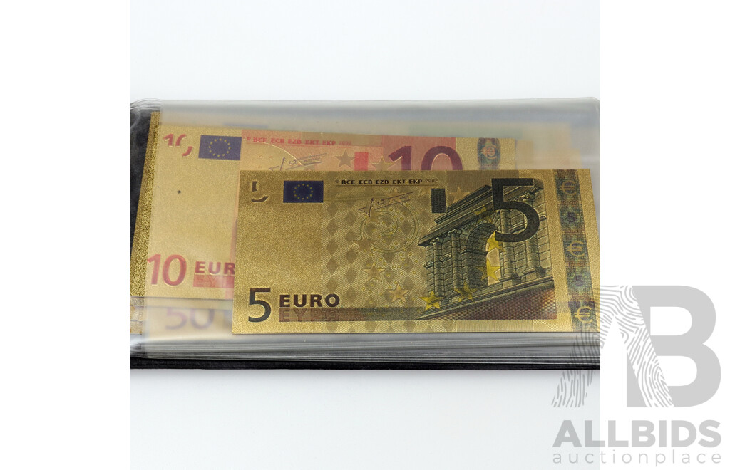 24ct Gold Foil Note Replicas of Original Euro Bank Notes, Complete Set with Certificate of Authenticity