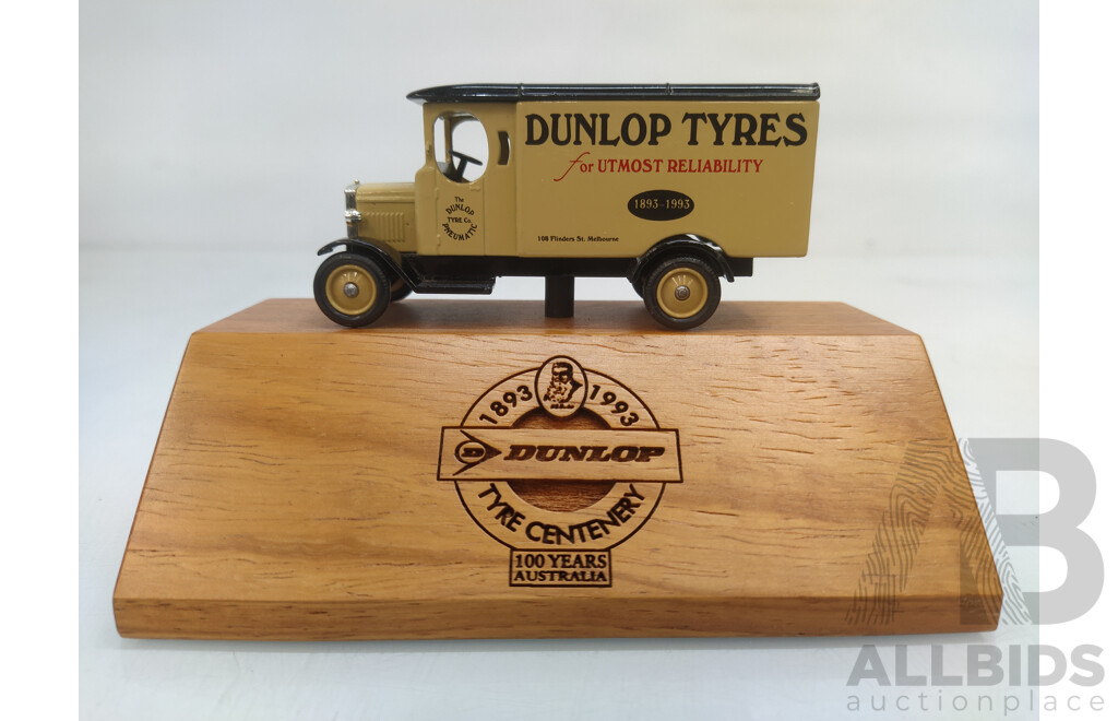 Lledo Dunlop Tyres Centenary Car on Wooden Plaque Base