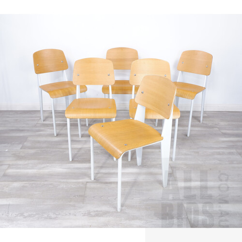 Set of Six Replica Jean Prouve Model 305 White Steel and Plywood Dining Chairs