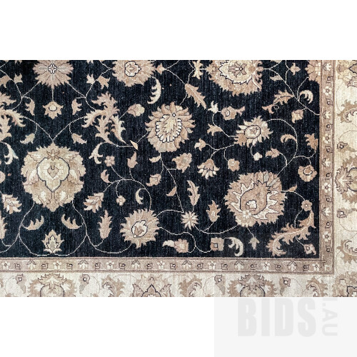 Large Woollen Carpet. Overall floral arabesque design, in tones of cream & cobalt. Some insect damage and light water staining, (305x245cm)