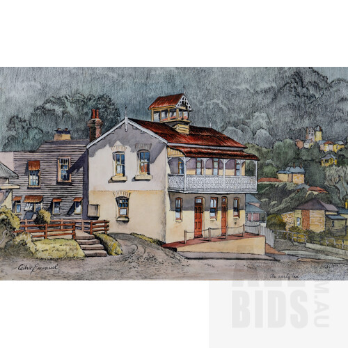 Cedric Emanuel (1906-1995), An Early Inn [The Denmark Hotel, Bulli, NSW], Watercolour, Ink & Charcoal, 27x44 cm
