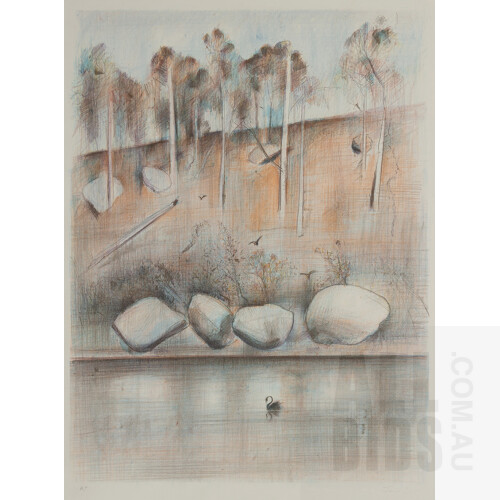 Jamie Boyd (born 1948), Shoalhaven with Black Swan, Lithograph A/P, 84x63cm (sheet) 