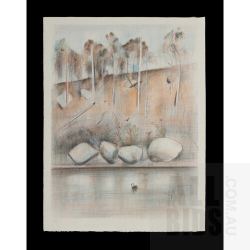 Jamie Boyd (born 1948), Shoalhaven with Black Swan, Lithograph A/P, 84x63cm (sheet) 