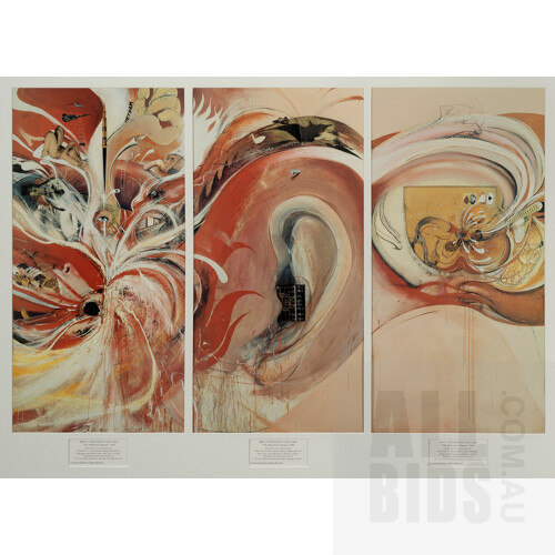 WHITELEY, Brett (1939-1992), 'The American Dream,' panels 7, 8 & 9. Framed as one, Offset Limited Edition Lithographs (3), 59x29cm each image; 87.5x108cm (overall framed size)