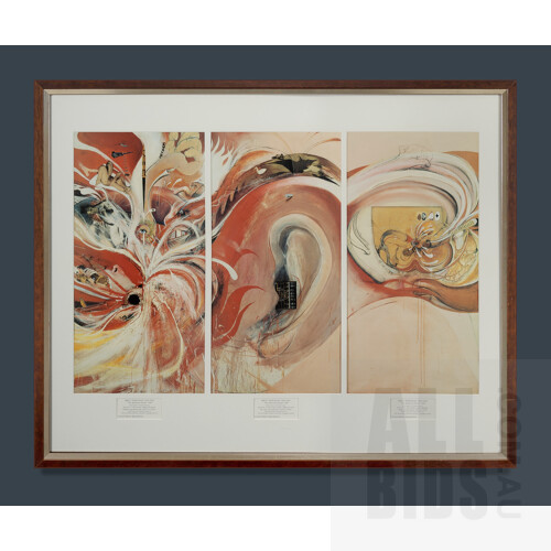 WHITELEY, Brett (1939-1992), 'The American Dream,' panels 7, 8 & 9. Framed as one, Offset Limited Edition Lithographs (3), 59x29cm each image; 87.5x108cm (overall framed size)
