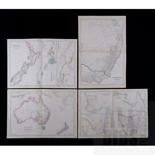 Collection Four Antique Double Paged Hand Colored Engraved Maps by Blackie & Sons, Glasgow 1860 Approx Including Australia & New Zealand, NSW & Victoria and More