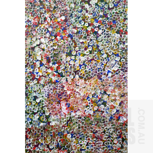Bessie Pitjara (born c1960, Anmatyerre Language Group), Bush Plum, Acrylic on Canvas, 90 x 60 cm