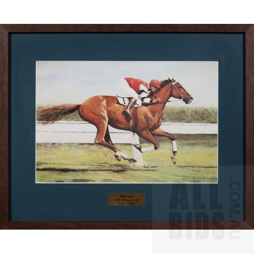 Framed Print of 'Phar Lap' from 1930 Melbourne Cup by Robert Wettenhall, 53 x 43cm