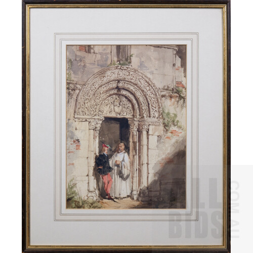 After George Cattermole, Figures in Church Doorway, 1827, Watercolour, 33 x 23.5 cm