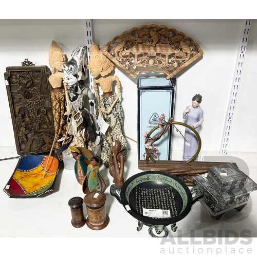 Large Collection of Varied Asian Homewares Including a Minh Long I Vietnamese Lady Figurine, Three Wayang Golek Indonesian Carved  Wooden Puppets and More