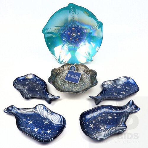 Collection Hand Made Turkish Glassware Including Akcam Starfish Bowl, Efe Blue Bowl with Silver Coating