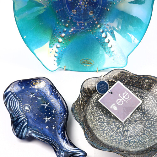 Collection Hand Made Turkish Glassware Including Akcam Starfish Bowl, Efe Blue Bowl with Silver Coating