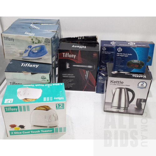 Contempo Kettle, Tiffany Toaster, Kettles, Steam Irons, Hair Dryers and Pye Clock Radios - Lot of 19 - New