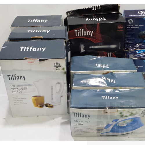 Contempo Kettle, Tiffany Toaster, Kettles, Steam Irons, Hair Dryers and Pye Clock Radios - Lot of 19 - New