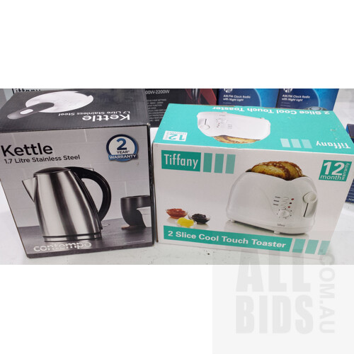 Contempo Kettle, Tiffany Toaster, Kettles, Steam Irons, Hair Dryers and Pye Clock Radios - Lot of 19 - New