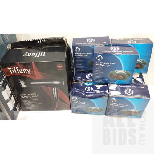 Contempo Kettle, Tiffany Toaster, Kettles, Steam Irons, Hair Dryers and Pye Clock Radios - Lot of 19 - New