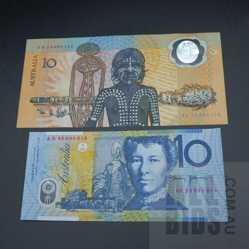 Two Commemorative $10 Notes, Including 1988 Australian Polymer Bicentennial Commemorative $10 Note, AA15095115