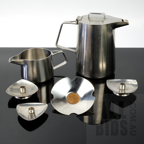 Old Hall England Stainless Steel Teapot and Milk Jug with Stelton Denmark Candle Holders Plus a Lundtofte Candle holder and Old Hall Steel Appeal Penny Dish