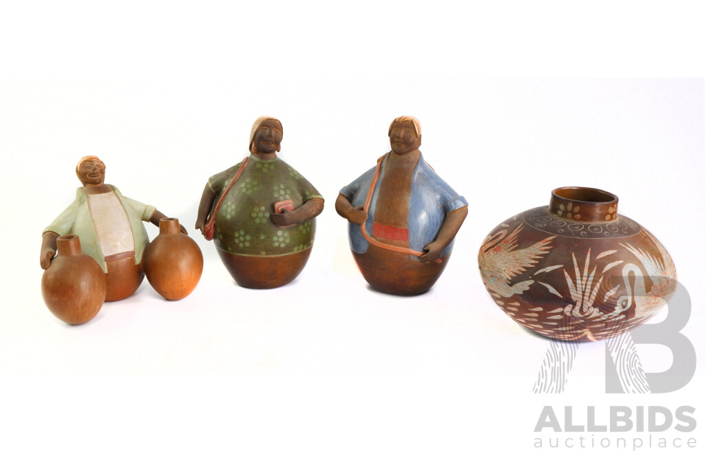 Collection Three Hand Made and Decorated Peruvian Chalucana Pottery Figures, Marks to Base