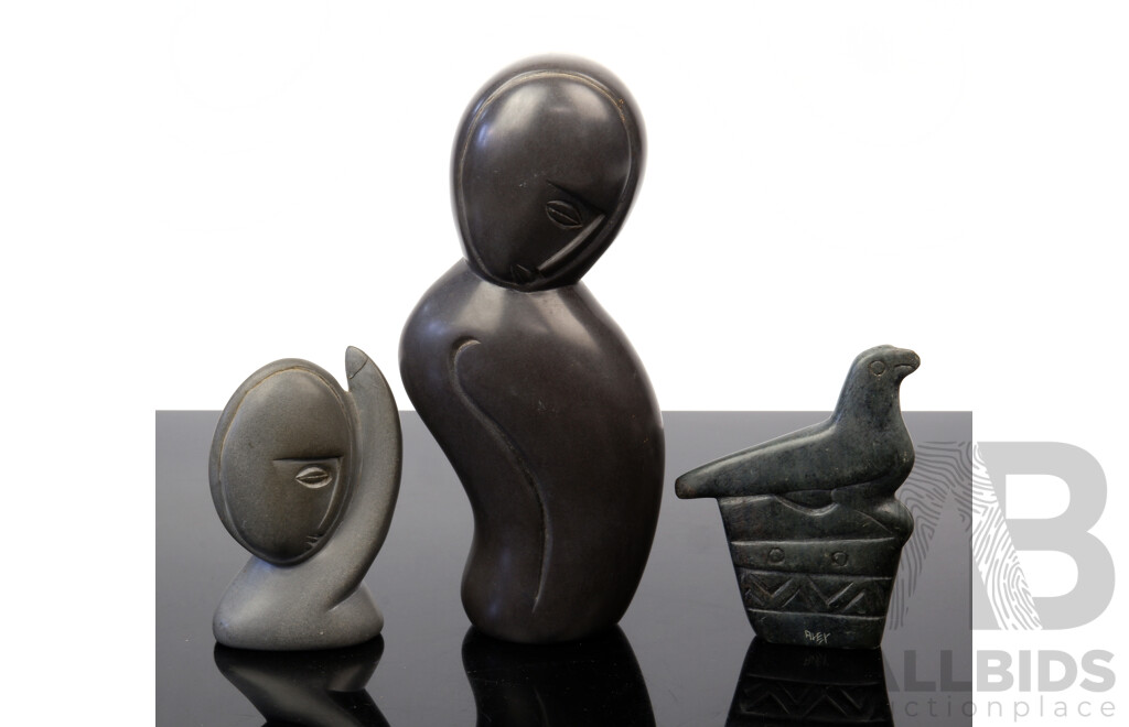 Collection Three Hand Carved Soapstone Figures From Zimbabwe