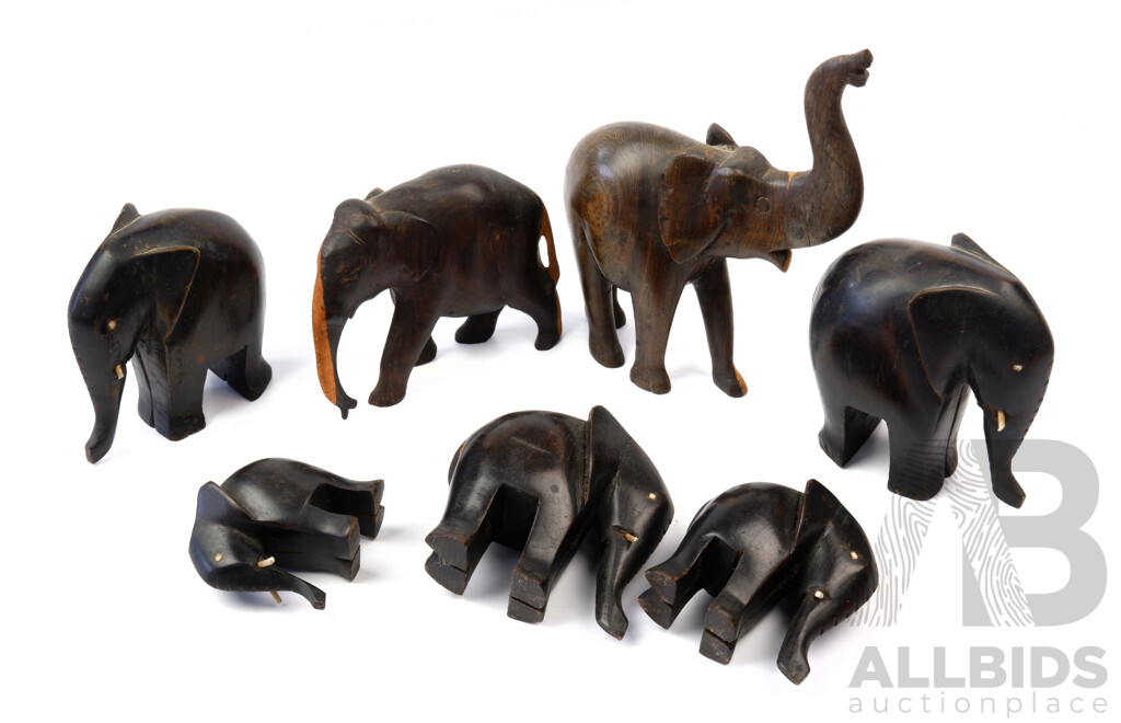 Collection Seven Hand Carved Ebony Elephant Figures From Sudan