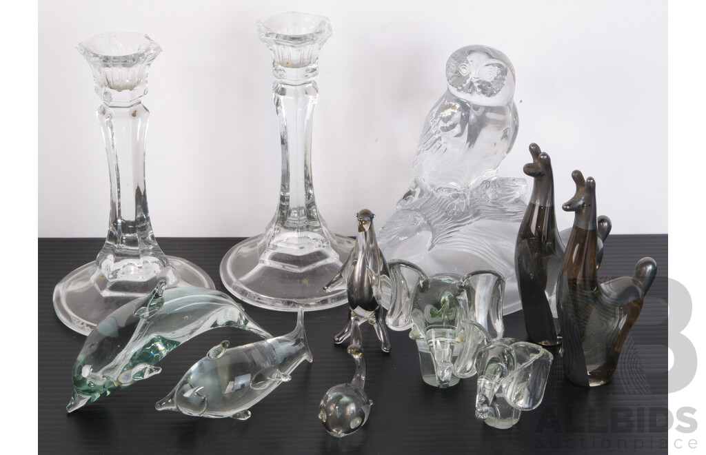 Collection Glass Items Including Pair Elephants, Alpaca, Penguin, Pair Candle Holders and More