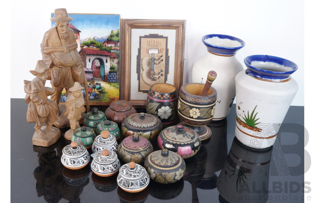 Collection South and Central American  Items Including Framed Navajo Sand Painting, Black and White Casta Rican Pottery, Three Hand Carved Wooden Figures and More