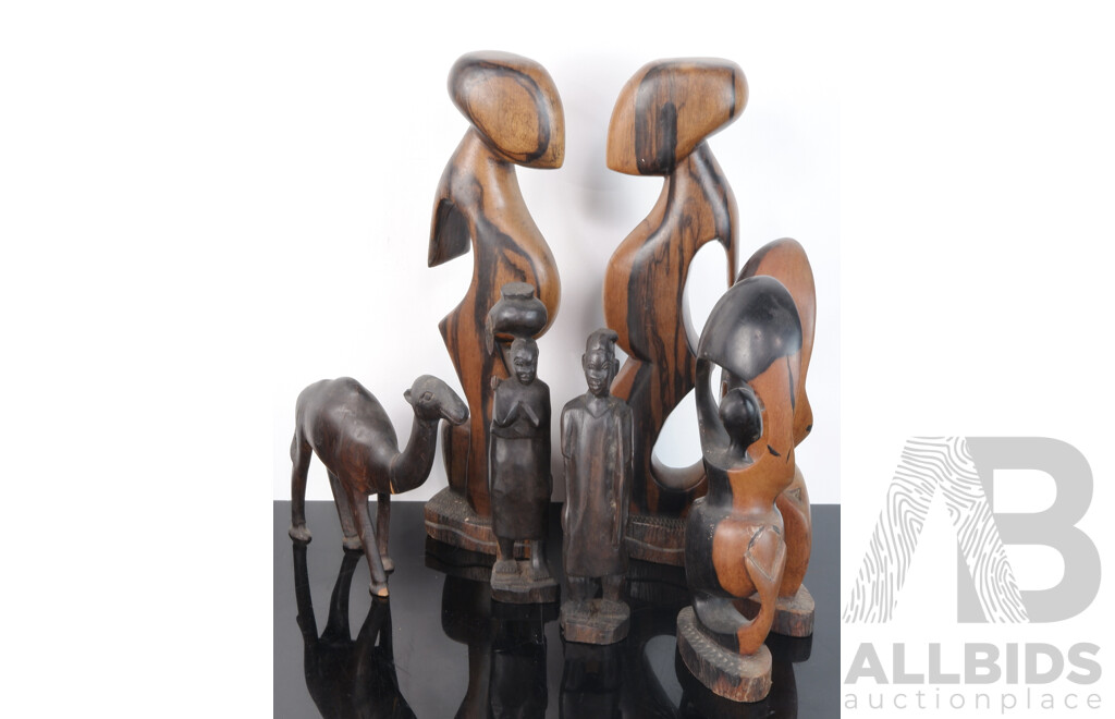 Collection Hand Carved Wooden Pieces Including Two Pairs Macasser Ebony Examples and More