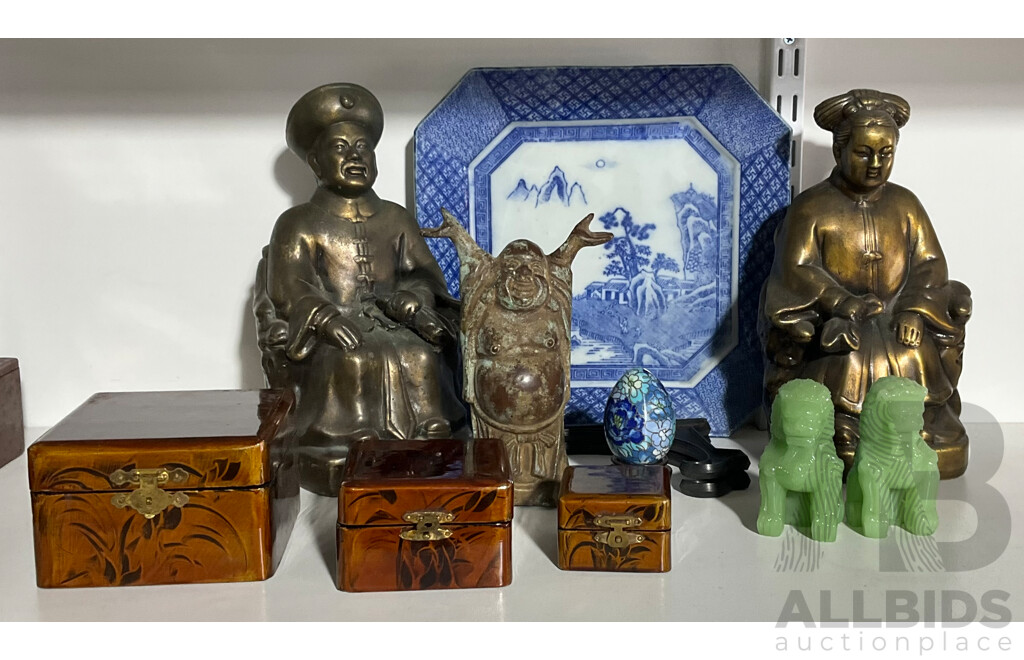 Collection Asian Items Comprising Pair Green Glass Pho Dogs, Two Metal Covered Chinese Figures, Bronze Chinese Buddha, Cloisonne Egg on Stand