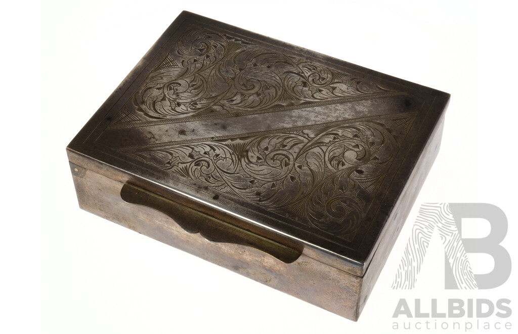 Rectangular Wooden Lined 925 Silver Cigar Box with Engraved Deatil to Top