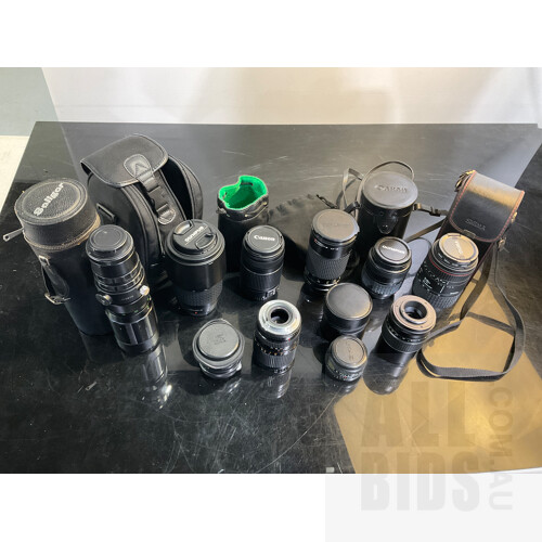 Large Collection of Camera Lenses Including Canon-Olympus-Soligor-Fuji-Sigma-Tokina- Some With Cases