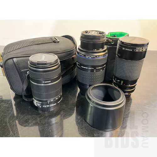 Large Collection of Camera Lenses Including Canon-Olympus-Soligor-Fuji-Sigma-Tokina- Some With Cases