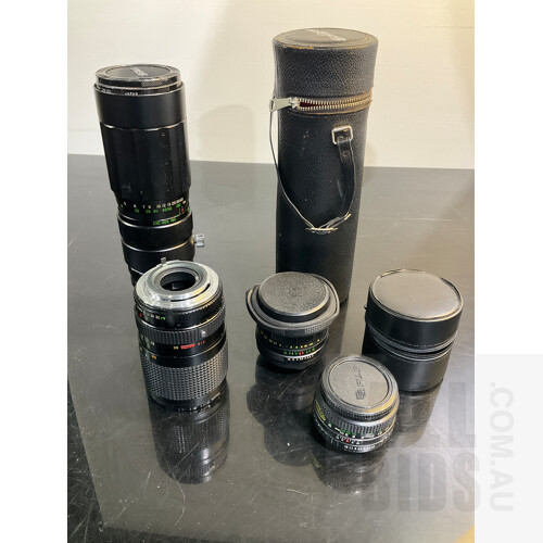 Large Collection of Camera Lenses Including Canon-Olympus-Soligor-Fuji-Sigma-Tokina- Some With Cases