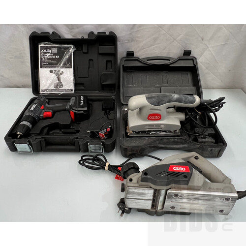 Quantity of (3) x Ozito Power Tools Including; 14.4v Cordless Drill, 240v Electric Planner And 240v Electric Sander