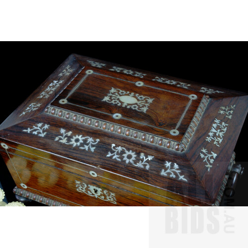 Antique Anglo Indian Mother of Pearl Inlaid Rosewood Sarcophagus Shaped Workbox with a Lovely Gilt Leather and Yellow Satin Interior and Ivory Tools