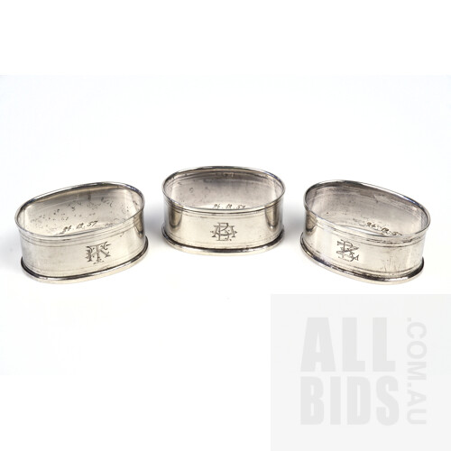 Three European Monogrammed Sterling Silver Napkin Rings, 56g