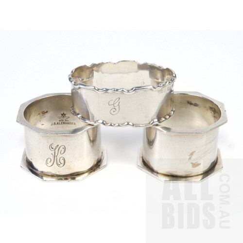 Two Vintage Australian Sterling Silver Napkin Rings and Another, Including Hardy Brothers and J.D Alexander, 93g