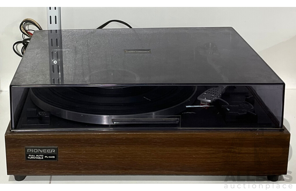 Vintage Pioneer  Full Auto Turntable PL-A45, Rotel Stereo Integrated Amplifier RA-98OBX and Pair of Large Akai Two Way Speakers SW-30