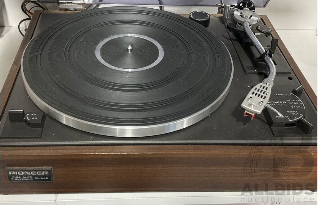 Vintage Pioneer  Full Auto Turntable PL-A45, Rotel Stereo Integrated Amplifier RA-98OBX and Pair of Large Akai Two Way Speakers SW-30