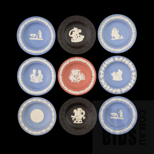 Collection of Nine Wedgwood Jasperware Miniature Plates, Including Royal Wedding 1986 and Australian Native Flower