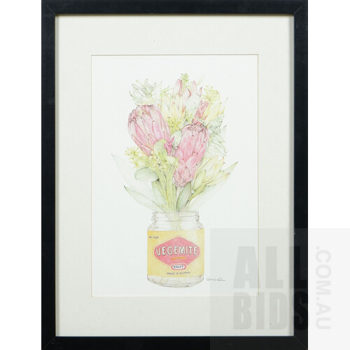 Flowers in a Vegemite Jar, Pencil on Card, 29 x 20 cm (image) 42.5 x 32.5 cm (framed)