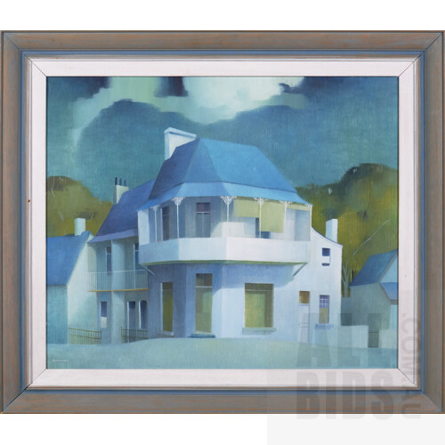 Dorothy Atkins (1914-1997), Blue House, Oil on Board, 49.5 x 60 cm 65 x 75 (framed)