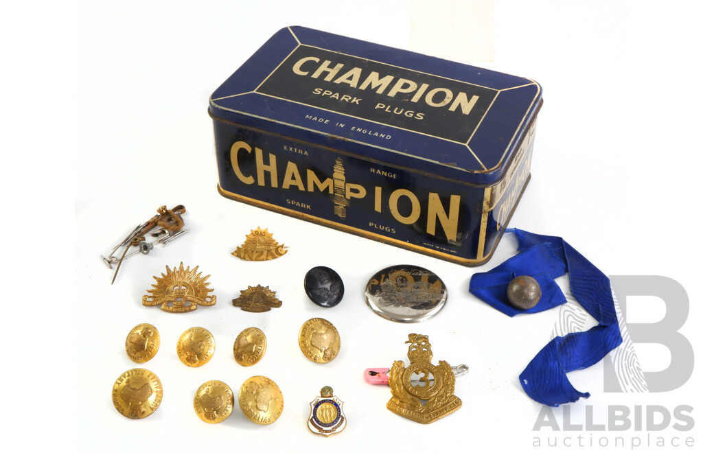 Collection of Military Badges and Buttons Including Australian Military Forces, 1915 ANZAC, 3rd Battalion Werriwa Regiment with Vintage Champion Spark Plugs Tin