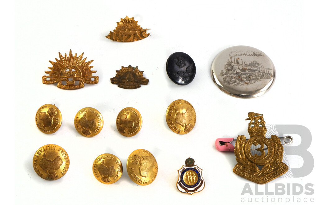 Collection of Military Badges and Buttons Including Australian Military Forces, 1915 ANZAC, 3rd Battalion Werriwa Regiment with Vintage Champion Spark Plugs Tin