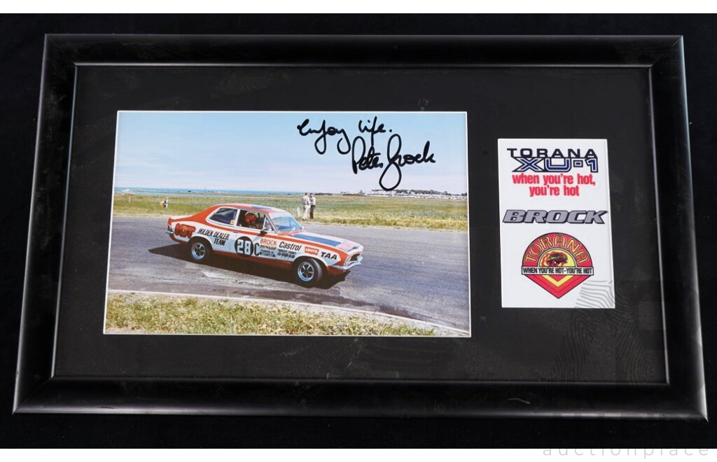 Signed and Framed Print of Peter Brock in the Number 20C Holden Torana and Signed James Courtney Hat