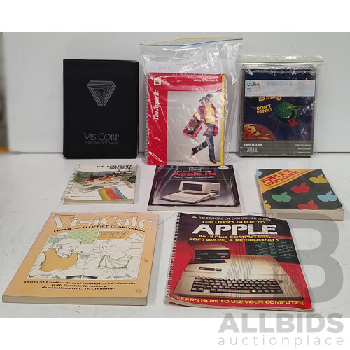 Set of Apple II Manuals, Books and Software, Including Apple IIc User Manuals and Software, Visicalc Original Manual and Software, and Original Hitchhikers Guide to The Galaxy Game, Including Software.