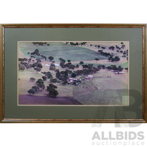 Large Framed Aerial Photograph of Rural Homestead and Outbuildings, 66 X 96 Cm Overall