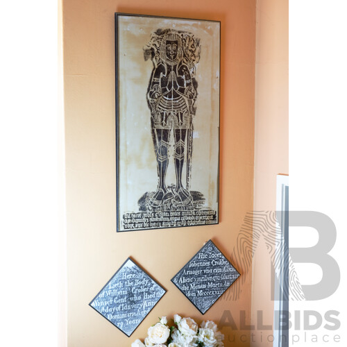 Print of Brass Armour Rubbing of William Croker, British Noble, Together With Prints of Related Inscriptions, Largest 100 X 55 Cm (3)